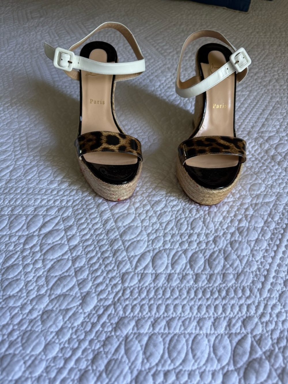 Christian Louboutin White Leather and Leopard Espadrille Wedge Sandals - Picture 2 of 9